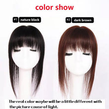 Load image into Gallery viewer, Clip In Human Hair Top Hairpiece with fringe , Women Crown Toupee for Thinning Hair Natural Black 7x10cm-مشبك شعر بشري علوي مع هامش ، شعر مستعار نسائي على شكل تاج لترقيق الشعر الطبيعي الأسود 7x10 سم