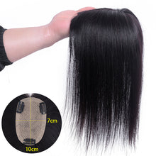 Load image into Gallery viewer, Clip In Human Hair Silk Base Top Hairpiece, Women Crown Toupee for Thinning Hair Natural Black 7x10cm--مقطع في الشعر البشري قاعدة من الحرير هيربيسي ، شعر مستعار نسائي تاج لترقيق الشعر الطبيعي الأسود 7x10 سم