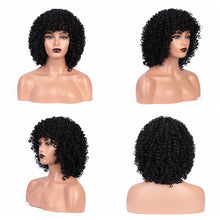 Load image into Gallery viewer, Short Curly Afro Wigs with Bangs for Black Women ,Kinky Curly Wig Synthetic Fiber Heat Resistant Full Wig (Black)شعر مستعار أفرو مجعد قصير مع الانفجارات للنساء السود ، شعر مستعار غريب مجعد من الألياف الاصطناعية مقاومة للحرارة شعر مستعار كامل (أسود)