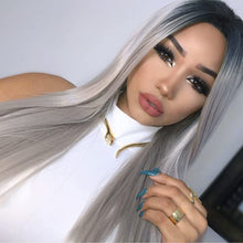 Load image into Gallery viewer, Estelle Silver Grey Lace Front Long Straight Synthetic Wigs for Women Half Hand Tide 22" Ombre Grey Wig شعر مستعار صناعي مستقيم طويل مستقيم من الدانتيل الرمادي الفضي من إستيل للنساء نصف يد 22 بوصة شعر مستعار رمادي أومبير