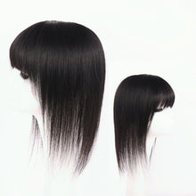 Load image into Gallery viewer, Clip In Human Hair Top Hairpiece with fringe , Women Crown Toupee for Thinning Hair Natural Black 7x10cm-مشبك شعر بشري علوي مع هامش ، شعر مستعار نسائي على شكل تاج لترقيق الشعر الطبيعي الأسود 7x10 سم