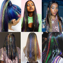 Load image into Gallery viewer, Eestelle 44Inches multi Color Tinsel Hair Extensions, 3300 Strands Fairy Hair Kit With Tool, Heat Resistant Glitter Sparkling Shiny Hair Extensions Accessories