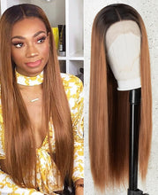 Load image into Gallery viewer, Estelle Lace Front Wig with Dark Roots Long Straight 22" Synthetic Wigs for Women Ombre Brown شعر مستعار أمامي دانتيل من إستيل مع جذور داكنة طويل مستقيم 22 "شعر مستعار صناعي للنساء أومبير بني