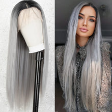 Load image into Gallery viewer, Estelle Ombre Grey Lace Front Wig Long Straight Synthetic Wigs for Women Half Hand Tide 22 inches Wig أومبير رمادي دانتيل أمامي باروكة شعر مستعار صناعي طويل مستقيم للنساء نصف يد 22 بوصة شعر مستعار