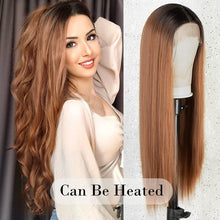 Load image into Gallery viewer, Estelle Lace Front Wig with Dark Roots Long Straight 22" Synthetic Wigs for Women Ombre Brown شعر مستعار أمامي دانتيل من إستيل مع جذور داكنة طويل مستقيم 22 "شعر مستعار صناعي للنساء أومبير بني