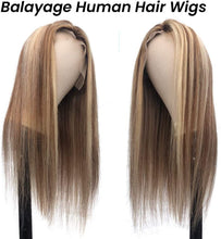 Load image into Gallery viewer, Estelle Human Hair Lace Part Wigs Ombre Chestnut Brown to Blonde Highlights Straight Remy Human Hair Wigs Pre Plucked with Bleached Knots Middle Part 13x1 Lace Wigs for Women 20" 150% Density