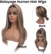 Load image into Gallery viewer, Estelle Human Hair Lace Part Wigs Ombre Chestnut Brown to Blonde Highlights Straight Remy Human Hair Wigs Pre Plucked with Bleached Knots Middle Part 13x1 Lace Wigs for Women 20" 150% Density