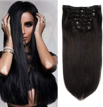 将图片加载到图库查看器,Straight Hair Extensions Clip In Human Hair Double Weft Dark Brown/Jet Black/Nature Black Clip on Hair Extensions Remy Human Hair Thick for Black Woman 100g 8Pcs/Lot