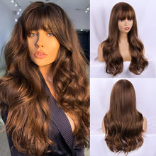 Load image into Gallery viewer, Long Wavy Wigs with Bangs for Women Natural Looking Full Wigs Heat Resistant Synthetic Wigs for Daily Party Cosplay Wear-شعر مستعار طويل مموج مع الانفجارات للنساء بمظهر طبيعي كامل الباروكات الاصطناعية مقاومة للحرارة لارتداء الحفلات التنكرية اليومية