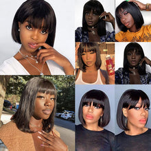 Load image into Gallery viewer, Estelle Short Bob Wigs with Bangs Brazilian Straight Human Hair Wigs 150% Density None Lace Front Wigs Glue Less Machine Made Bob Wigs for Black Women Natural Color