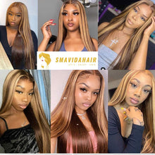 Load image into Gallery viewer, Estelle Human Hair Lace Part Wigs Ombre Chestnut Brown to Blonde Highlights Straight Remy Human Hair Wigs Pre Plucked with Bleached Knots Middle Part 13x1 Lace Wigs for Women 20" 150% Density
