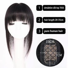 Load image into Gallery viewer, Clip In Human Hair Top Hairpiece with fringe , Women Crown Toupee for Thinning Hair Natural Black 7x10cm-مشبك شعر بشري علوي مع هامش ، شعر مستعار نسائي على شكل تاج لترقيق الشعر الطبيعي الأسود 7x10 سم