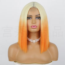 Load image into Gallery viewer, Estelle European and American wig orange gradient short straight hair bob in the middle split lace head suit pretend wig orange wigs