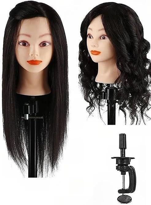 Mannequin Head with 100% Human Hair With Stand, 24 To 20 inch Real Hair, Cosmetology Doll Nature Hair Head For Hairdressers' Practice Training, Hairstyling and Braid-رأس مانيكان بشعر بشري 100% مع حامل، شعر حقيقي من 24 إلى 20 بوصة،