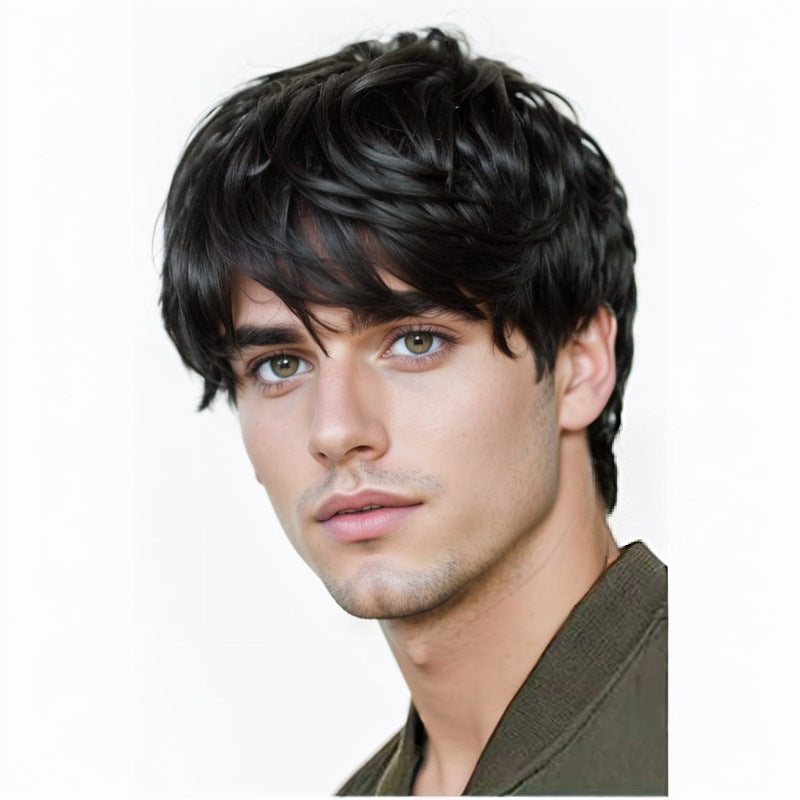 Men's Short Wigs - Heat-Resistant Matte Fiber Wigs for Daily Use, Natural Look with Voluminous Curly Styles (Short Wavy, Side/Straight Bangs)