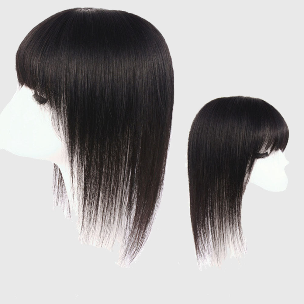 Clip In Human Hair  Top Hairpiece with fringe , Women Crown Toupee for Thinning Hair Natural Black 7x10cm-مشبك شعر بشري علوي مع هامش ، شعر مستعار نسائي على شكل تاج لترقيق الشعر الطبيعي الأسود 7x10 سم