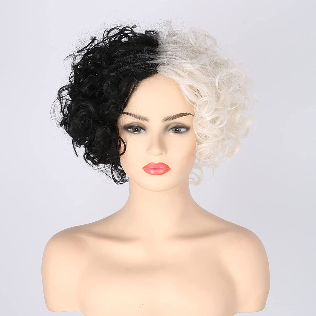 Estelle Curly Wig, Black White Bicolor, Short Wavy Curly Hair, Cos Witch Cruella de Vil Wig Suitable for Carnival Parties and Cosplay Party Costume Accessories