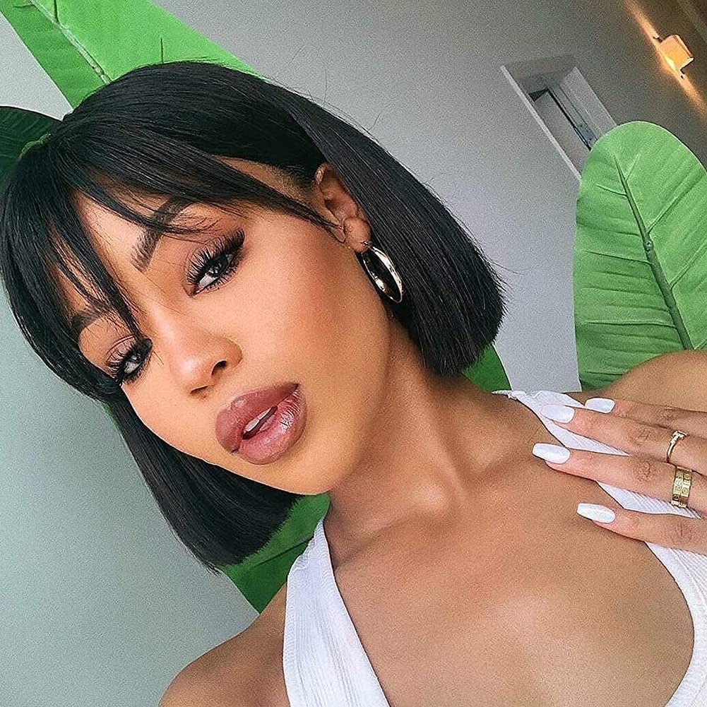 Estelle Short Bob Wigs with Bangs Brazilian Straight Human Hair Wigs 150% Density None Lace Front Wigs Glue Less Machine Made Bob Wigs for Black Women Natural Color