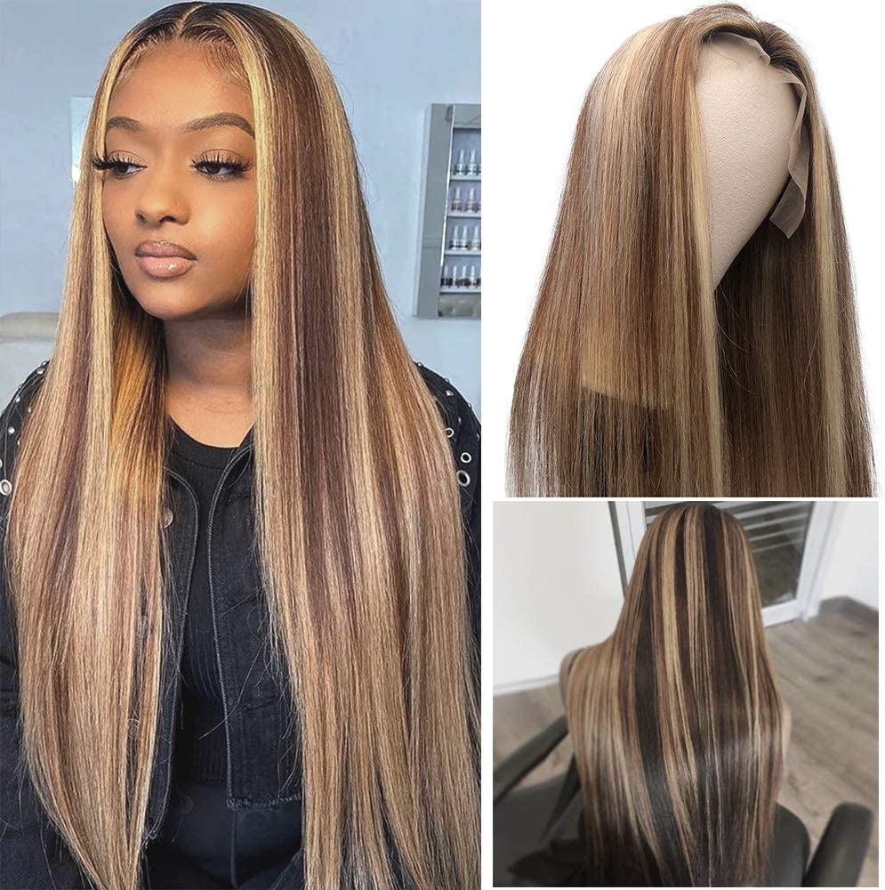 Estelle Human Hair Lace Part Wigs Ombre Chestnut Brown to Blonde Highlights Straight Remy Human Hair Wigs Pre Plucked with Bleached Knots Middle Part 13x1 Lace Wigs for Women 20