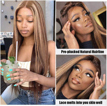 Load image into Gallery viewer, Estelle Human Hair Lace Part Wigs Ombre Chestnut Brown to Blonde Highlights Straight Remy Human Hair Wigs Pre Plucked with Bleached Knots Middle Part 13x1 Lace Wigs for Women 20&quot; 150% Density
