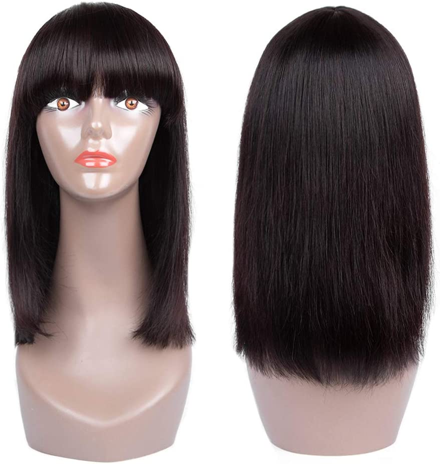 Estelle Short Bob Human Hair Wigs With Bangs Brazilian Virgin Human Hair Straight Bob Wigs 130% Density Glueless Machine Made Wigs Human Hair Wigs For Women