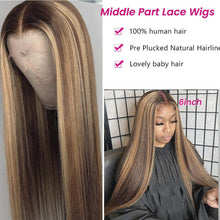 Load image into Gallery viewer, Estelle Human Hair Lace Part Wigs Ombre Chestnut Brown to Blonde Highlights Straight Remy Human Hair Wigs Pre Plucked with Bleached Knots Middle Part 13x1 Lace Wigs for Women 20&quot; 150% Density
