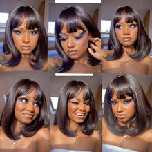 Load image into Gallery viewer, Estelle Short Bob Wigs with Bangs Brazilian Straight Human Hair Wigs 150% Density None Lace Front Wigs Glue Less Machine Made Bob Wigs for Black Women Natural Color
