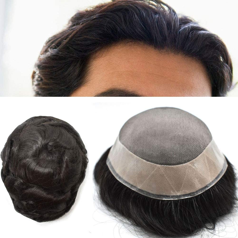 Men's Toupee Poly coating Human Hair Wigs Durable Hairpieces Systems ( Black-140% Medium Density)