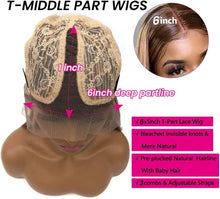 Load image into Gallery viewer, Estelle Human Hair Lace Part Wigs Ombre Chestnut Brown to Blonde Highlights Straight Remy Human Hair Wigs Pre Plucked with Bleached Knots Middle Part 13x1 Lace Wigs for Women 20&quot; 150% Density
