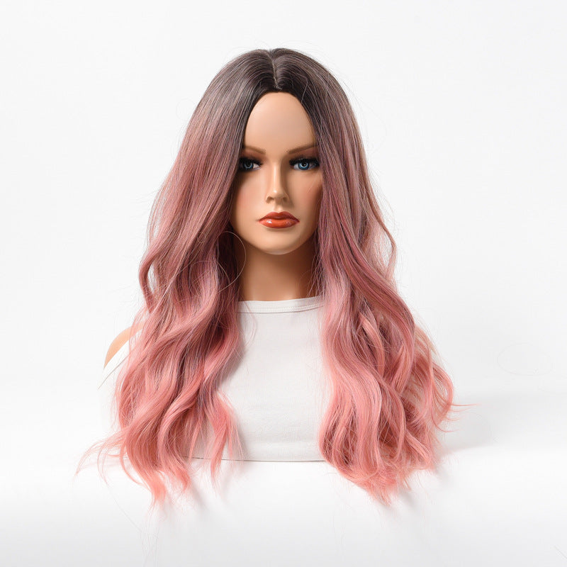 Estelle Wig Female Long Curly Hair Big Wave Medium Long Full Headgear Pink Grey