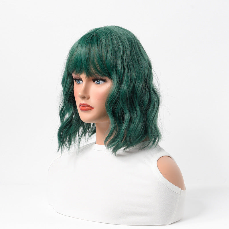 Estelle Cross Border Short Straight Hair BOBO Pink Highlights Female Chemical Fiber Rose Net Wig Dark Green