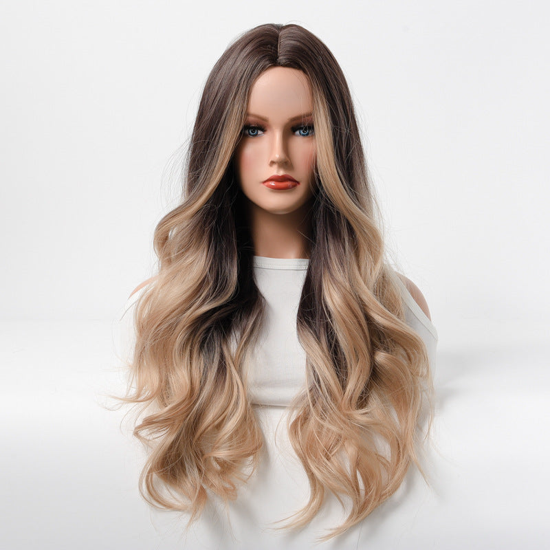Estelle Wig Female Long Curly Hair Big Wave Medium Long Full Headgear Black Gold