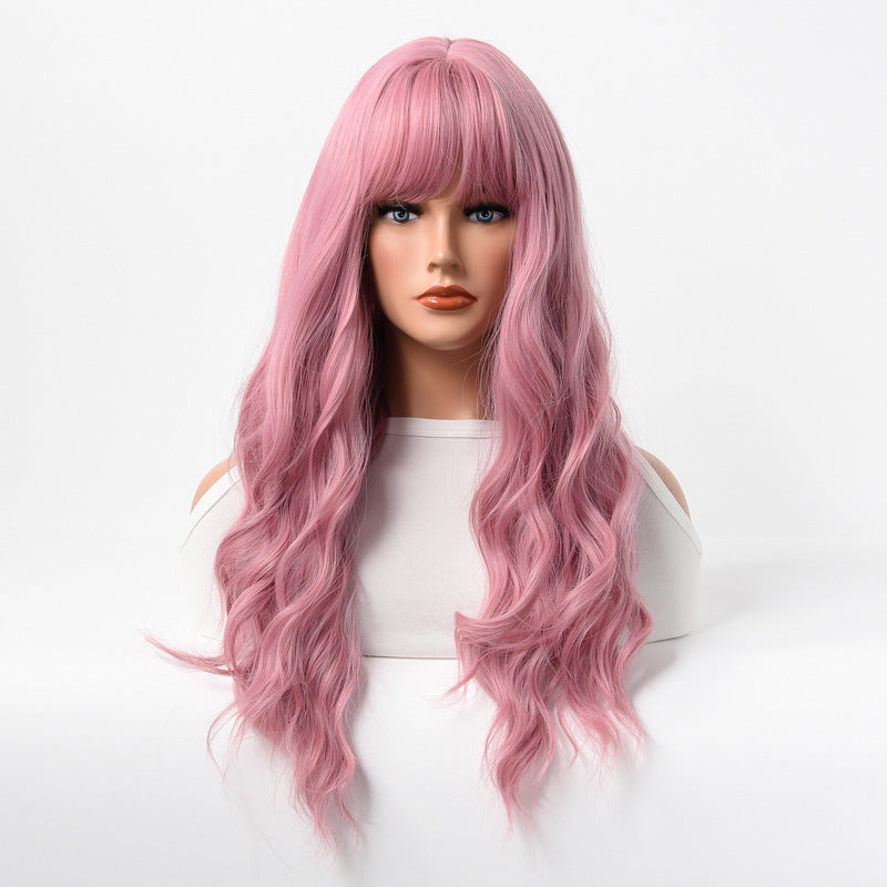 Estelle Wig Female Long Curly Hair Big Wave Medium Long Full Headgear Pink