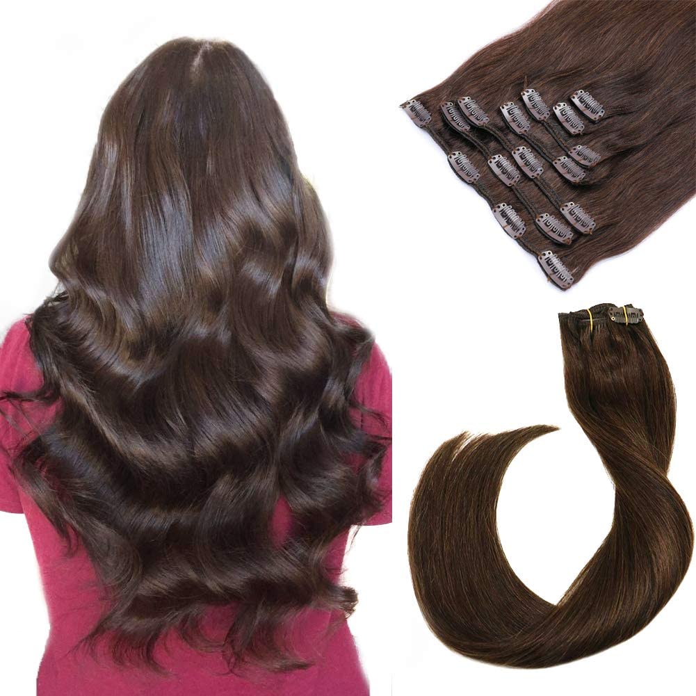 Clip In Remy Human Hair Extension ,  Silky Straight Weft, Dark Brown-مقطع في وصلات شعر ريمي بشري ، لحمة مستقيمة حريري ، بني داكن