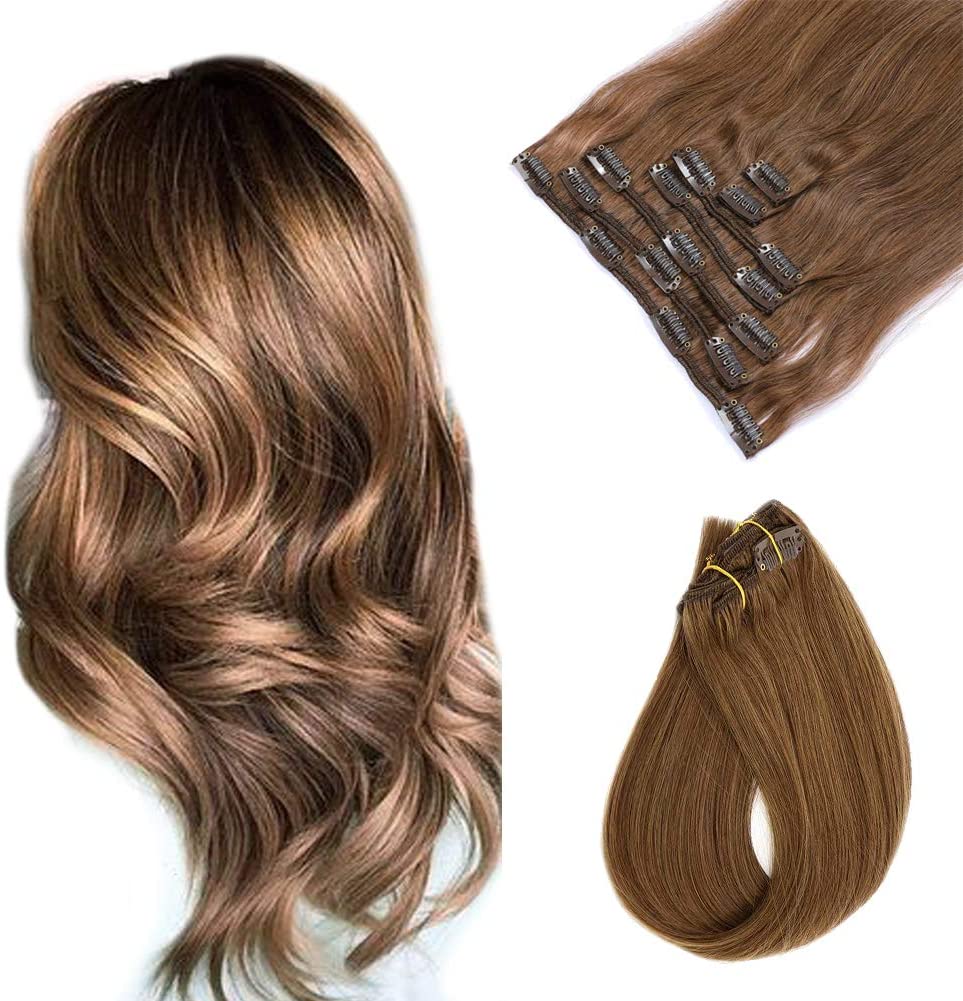 Seamless Clip in Human Hair Extensions, Chestnut Brown Highlights Hair Extensions with Invisible Band, Silky Soft, Straight, 110g
